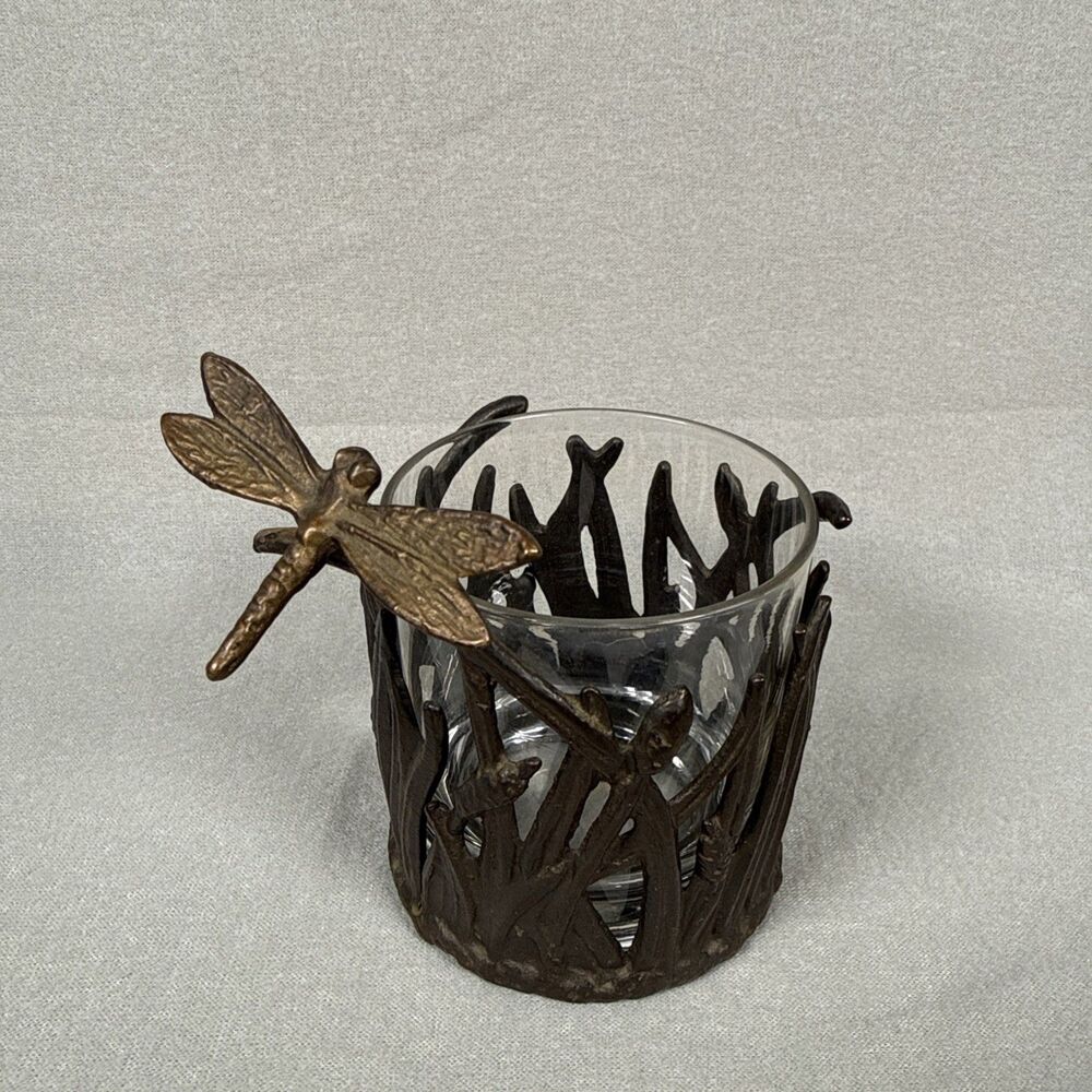 Vintage Dragonfly Brass Votive Candle Holder Design W/Glass Insert 4.25”